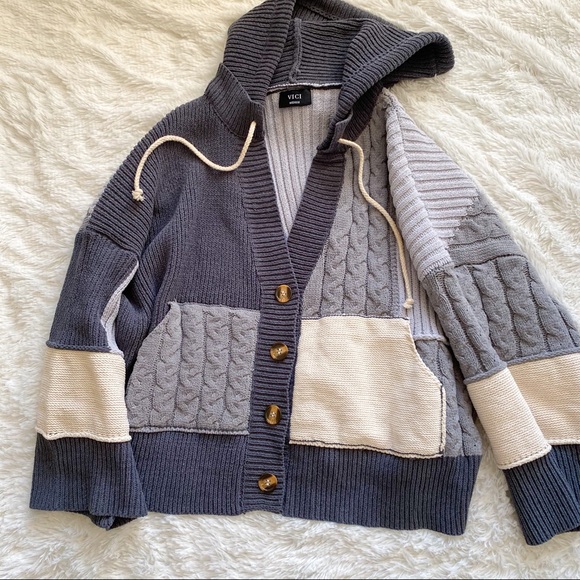 (VICI) gray cream colorblock patchwork knit cardigan jacket - Picture 4 of 13